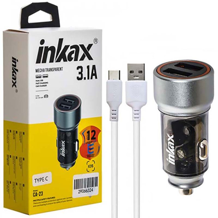 شارژر فندکی 15.5 وات 2 پورت شیشه ای+ کابل تایپ سی اینکاکس INKAX CA-23