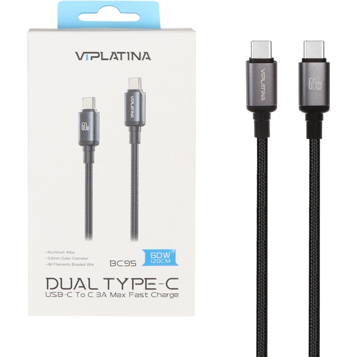 کابل شارژ فست VIPLATINA Type-C To Type-C مدل BC95 60W - مشکی